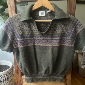 Vintage GAP Olive & Lavender Cropped V-Neck Sweater • 90s Cottage Core